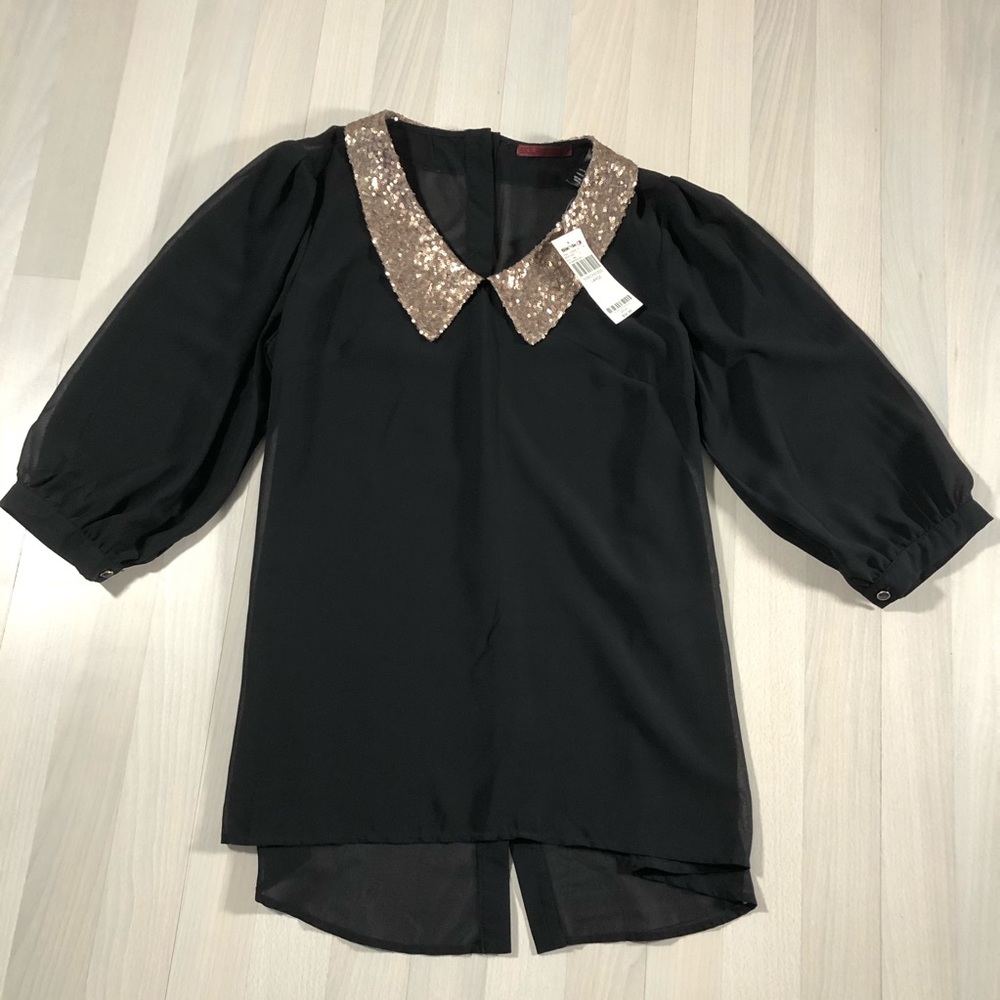 Buckle Sheer Black And Gold Sequin Blouse - L